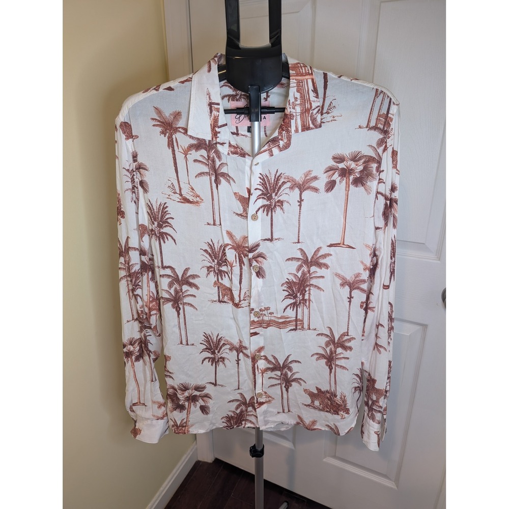 Billy Aloha Button Down Shirt Mens Small Safari Palm Tree‎ Long Sleeve